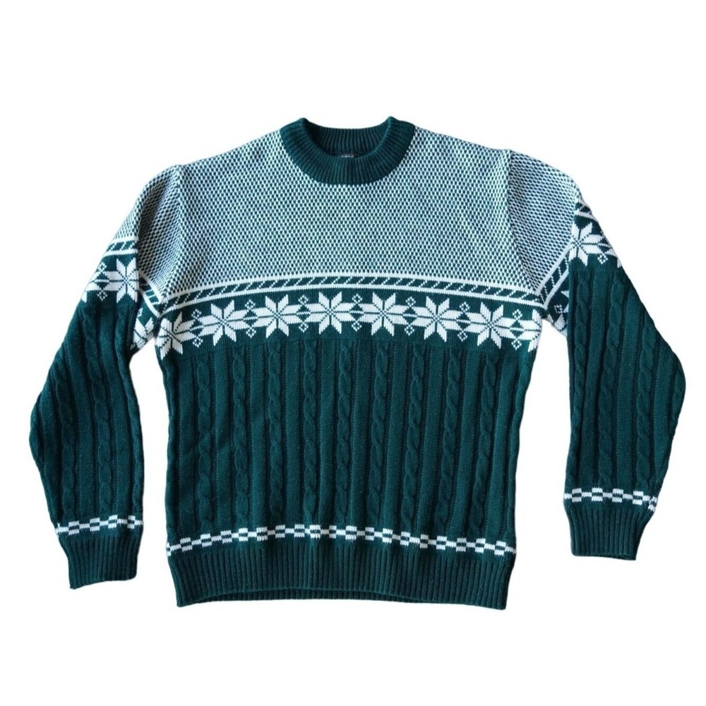 JCPenney Sweater Mens Large Green Vintage Nordic Snowflake Cable Knit‎ Crew Neck